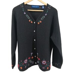 Karen Scott‎ II Wool Black Embroidered Floral Cardigan 1X Grannycore Cottagecore
